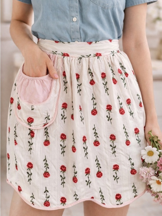 Vintage Other - Vintage handmade Cottagecore Romantic Floral Apron – Pink Red Rose Print